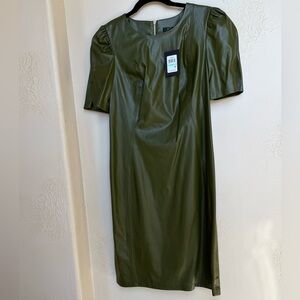 DKNY Olive Green Faux Leather Dress — Size 8 — NWT — Fitted Chic